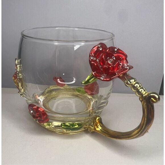 ARC of France Glass Coffee Tea Cup Jeweled Floral Enameled Gold Handle - Picture 2 of 6